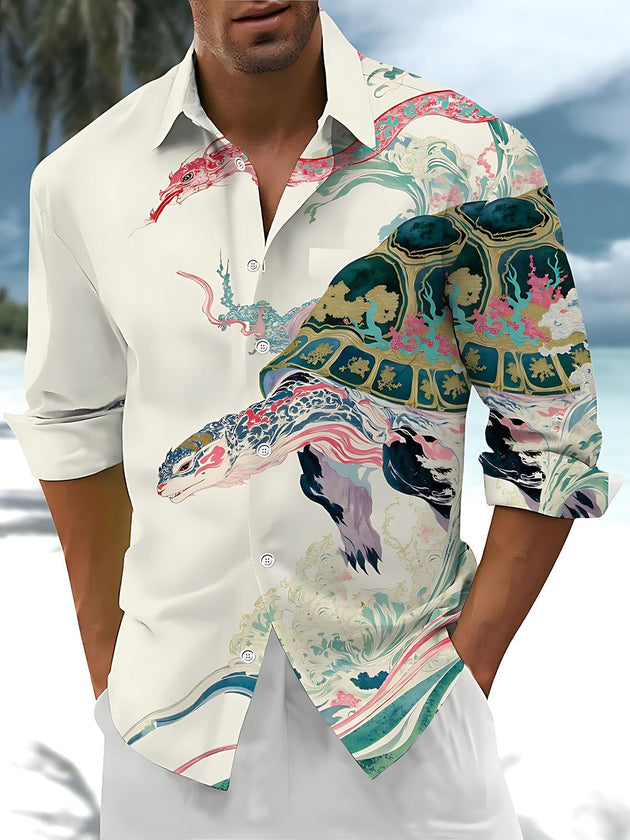 Men's casual long sleeve shirt with Ukiyo-e turtle print, front view