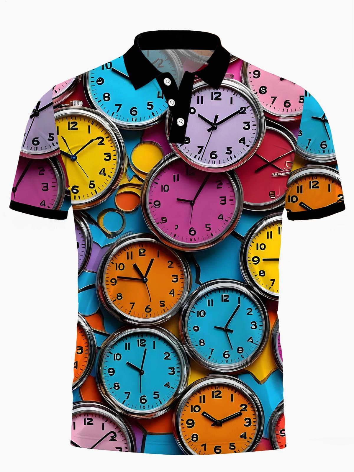 Clock Print Men's Short Sleeve Button Polo Shirt