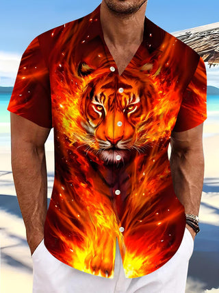 Men's animal tiger print short sleeve shirt front view
