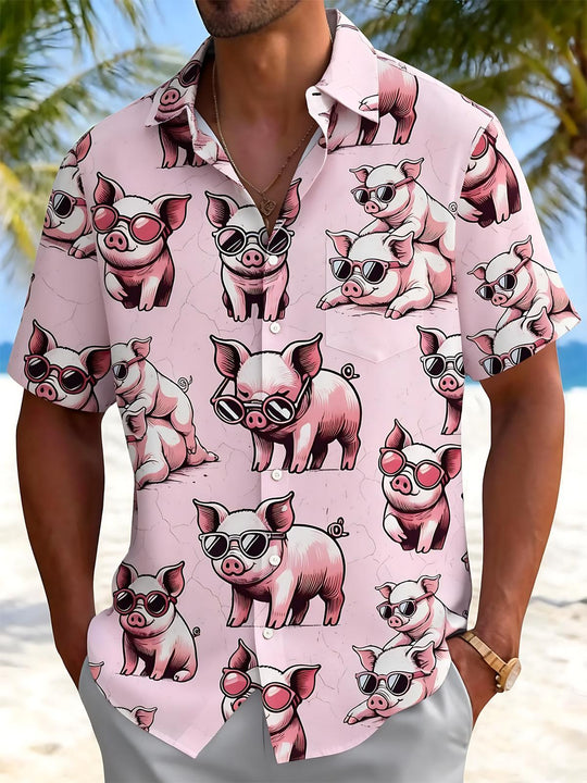 Men's pink Hawaiian print short sleeve shirt front view for tropical beach vacation