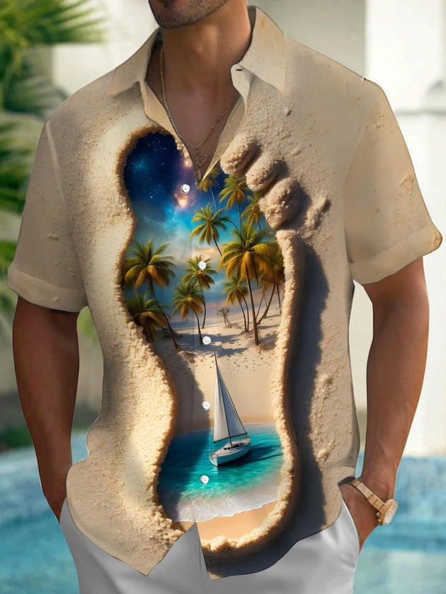Men's Hawaiian palm tree print short sleeve shirt front view for beach vacation
