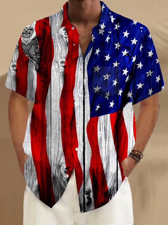 Men's short sleeve American flag print shirt with pocket front view for Independence Day