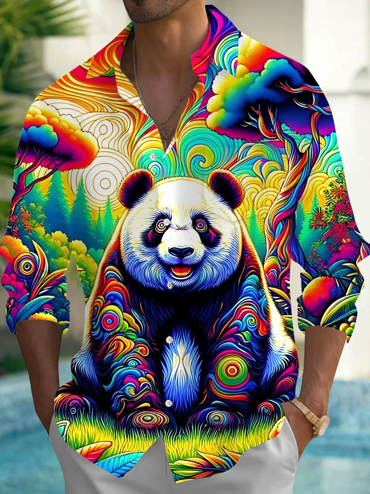 Panda Art Print Men's Pocket Long Sleeve Shirts