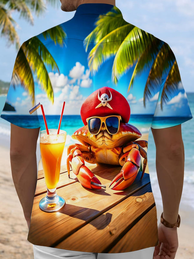 Men's pocket Hawaiian pirate crab print short sleeve shirt back view