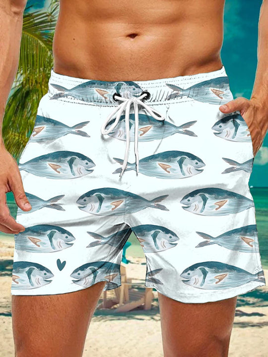 Men's blue fish print casual shorts front view