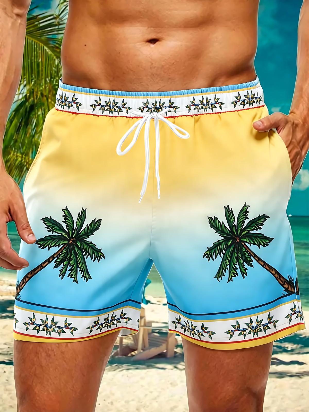 Men's casual shorts with gradient coconut tree print front view