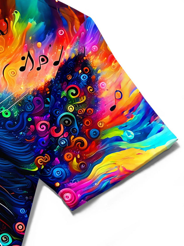 Colorful Tie-Dye Music Note Black Cat Men's Pocket Short Sleeve Shirts
