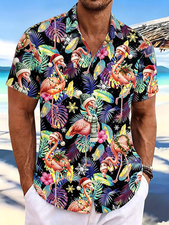 Hawaiian Christmas Flamingo Leaf Print Men's Pocket Short Sleeve Shirts