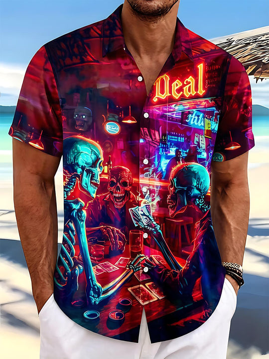 Neon Skeleton Skull Poker Men's Pocket Short Sleeve Shirts