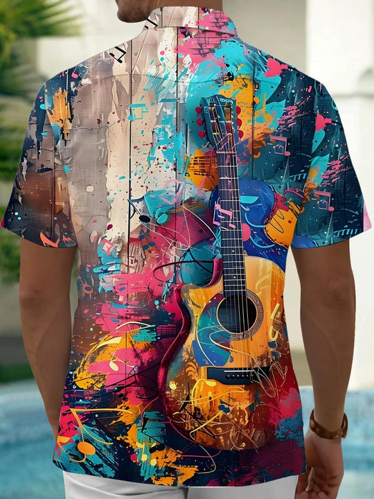 Men's guitar oil painting print short sleeve shirt back view