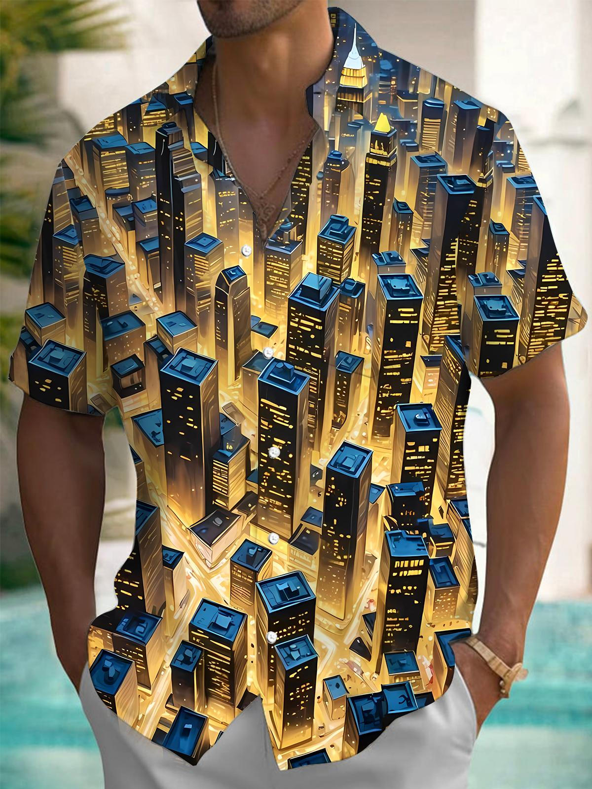 Tall Building Print Men's Pocket Short Sleeve Shirts