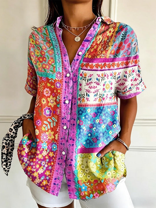 Bohemian Patchwork Floral Print Women's Short Sleeve Shirts