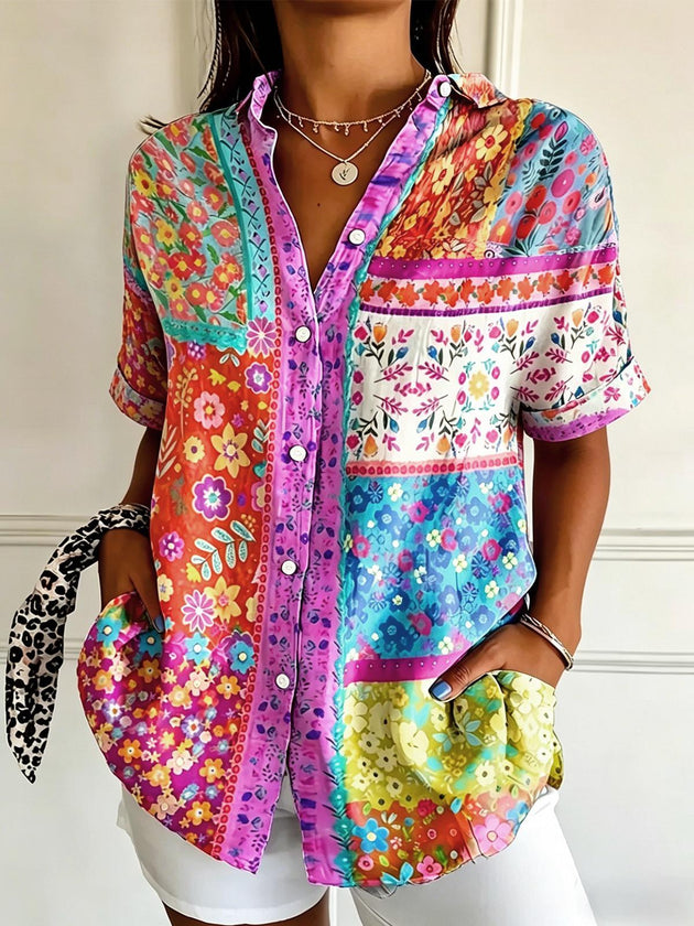 Bohemian Patchwork Floral Print Women's Short Sleeve Shirts