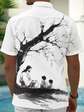 Men's black Christian Jesus print short sleeve shirt back view