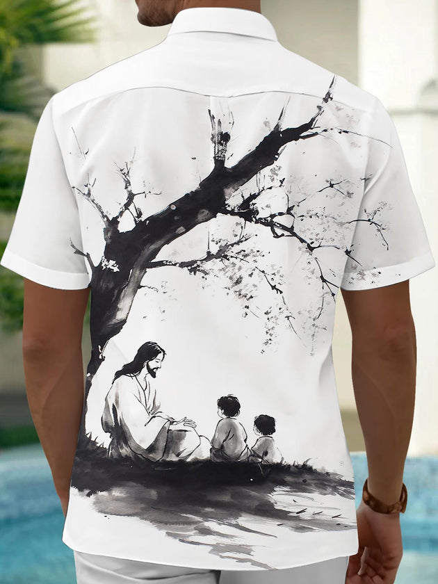 Men's black Christian Jesus print short sleeve shirt back view