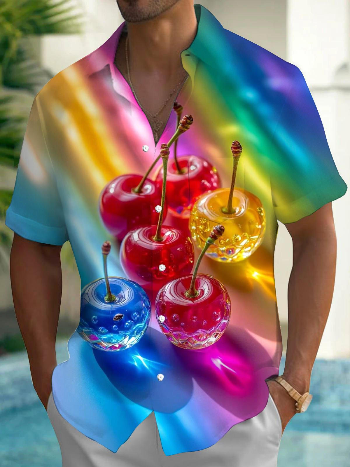 Cherry Print Men's Pocket Short Sleeve Shirts