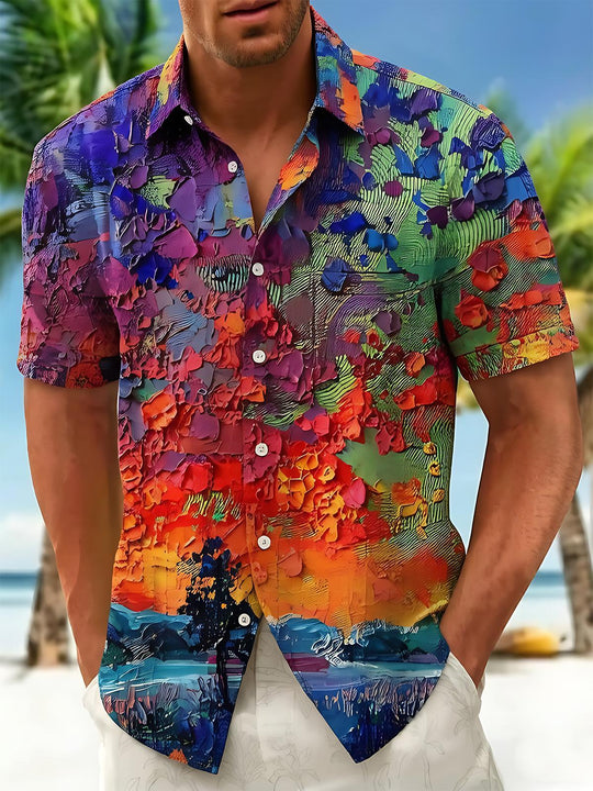 Art Oil Painting Brushstroke Landscape Hawaiian Men's Pocket Short Sleeve Shirts