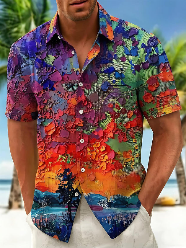 Art Oil Painting Brushstroke Landscape Hawaiian Men's Pocket Short Sleeve Shirts