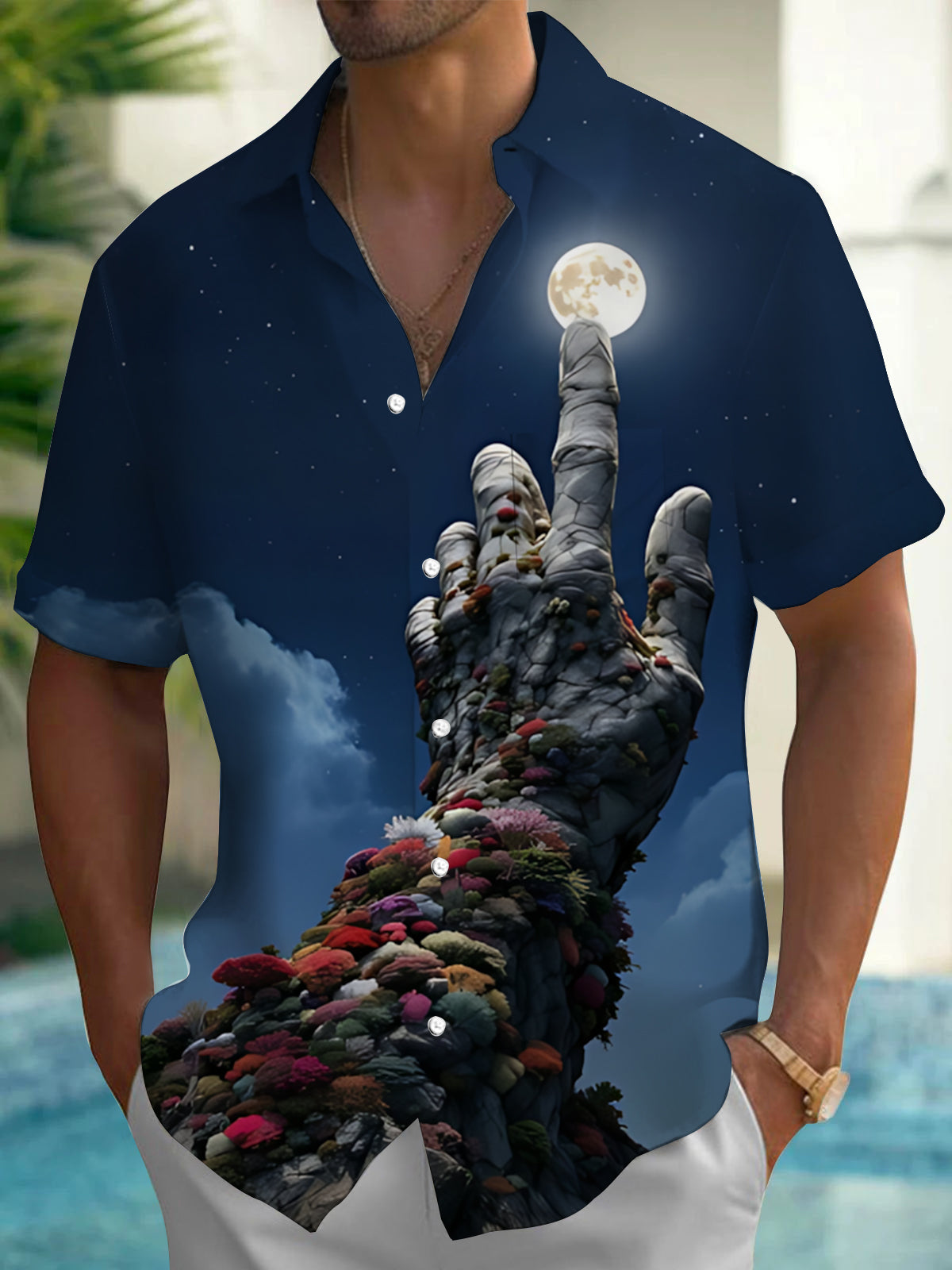 Moon Stone Hand Art Print Men's Pocket Short Sleeve Shirts
