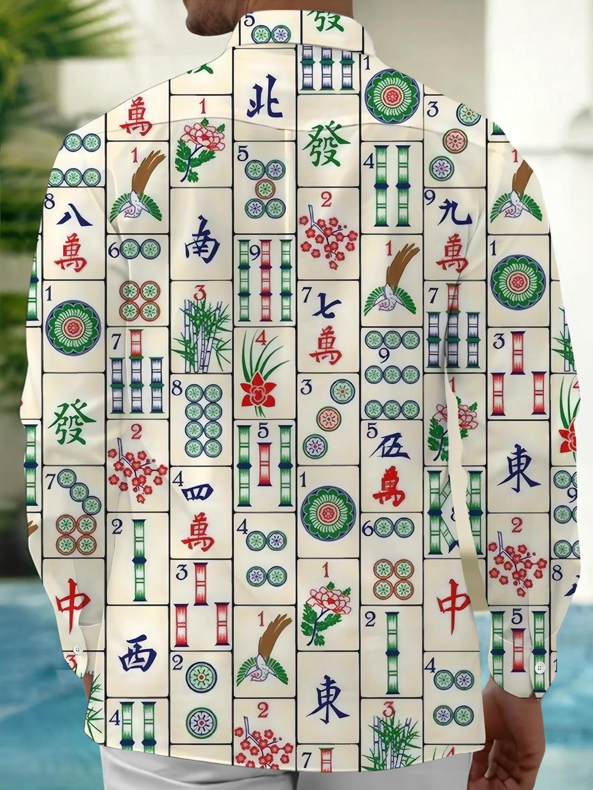 Mahjong Print Men's Pocket Long Sleeve Shirts