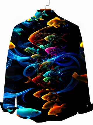 Men's fish print Hawaiian long sleeve shirt back view