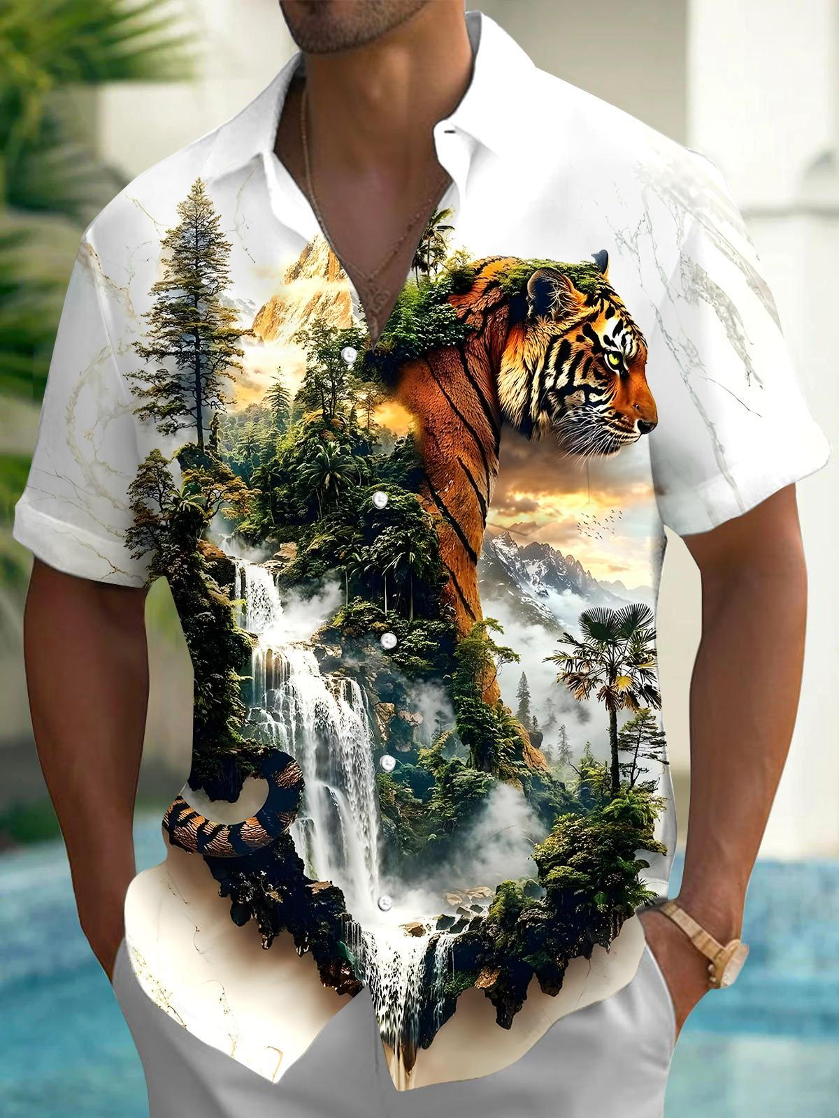 Tiger Mountain Waterfall Men's Pocket Short Sleeve Shirts