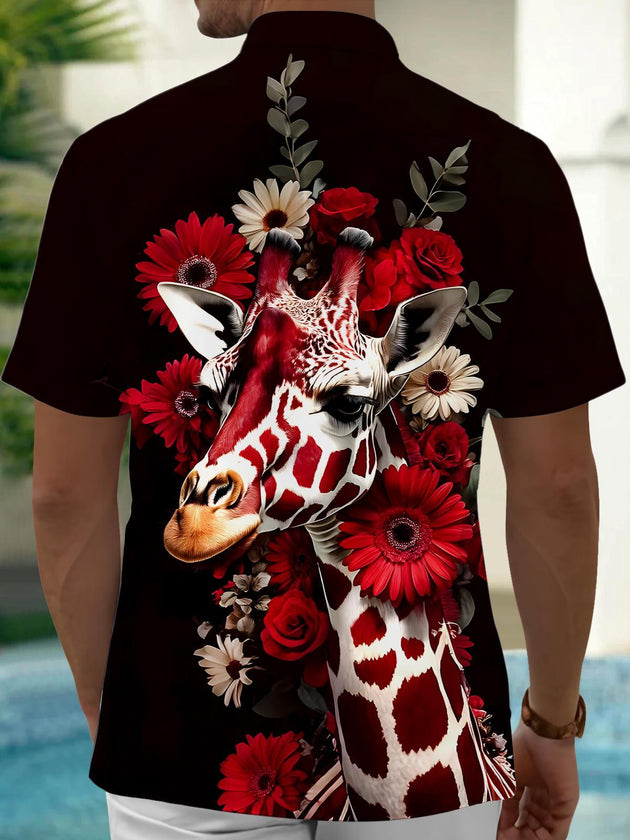 Men's giraffe floral short sleeve shirt back view