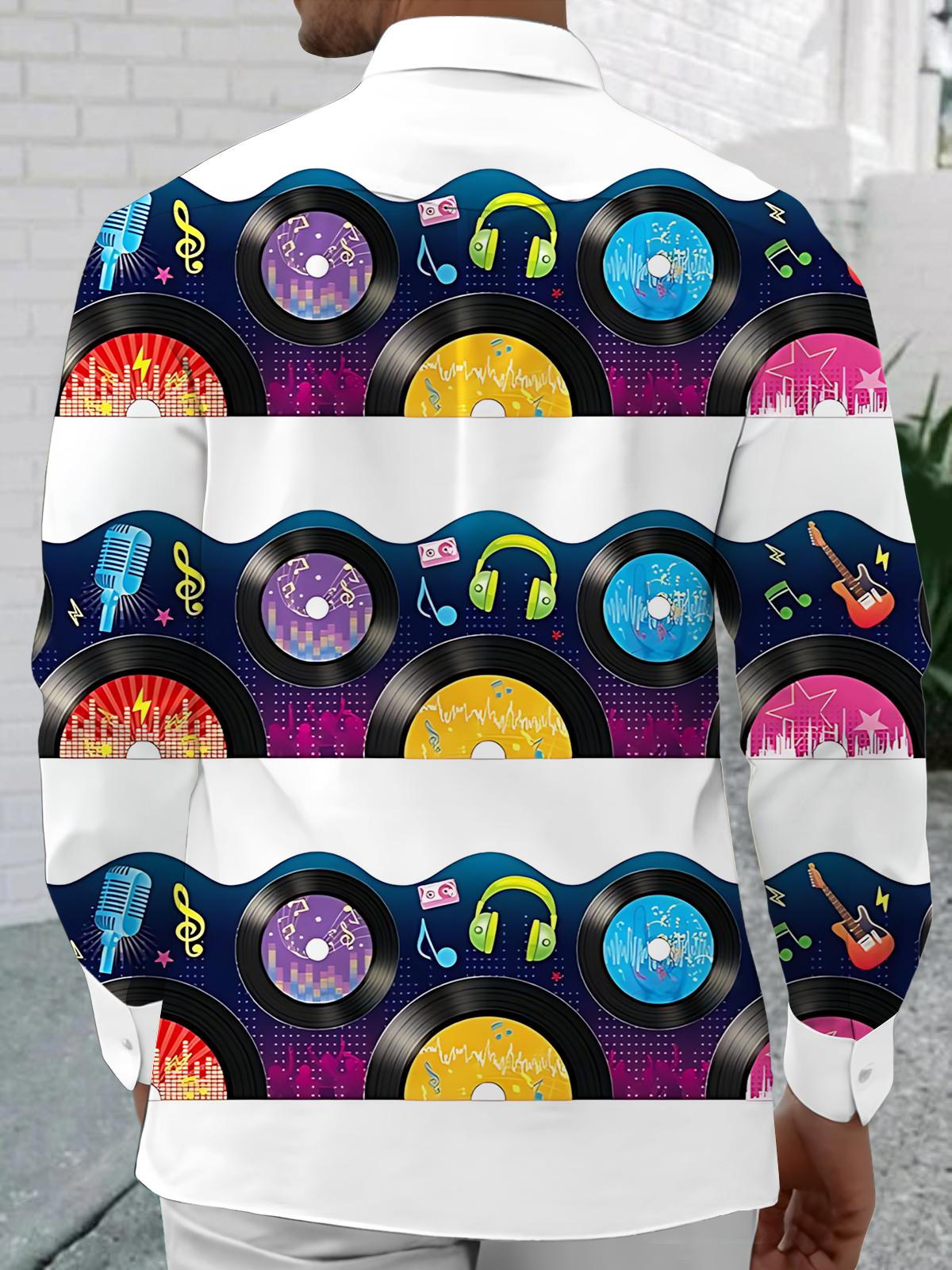 Music Record Guitar Headphones Print Men's Pocket Long Sleeve Shirts