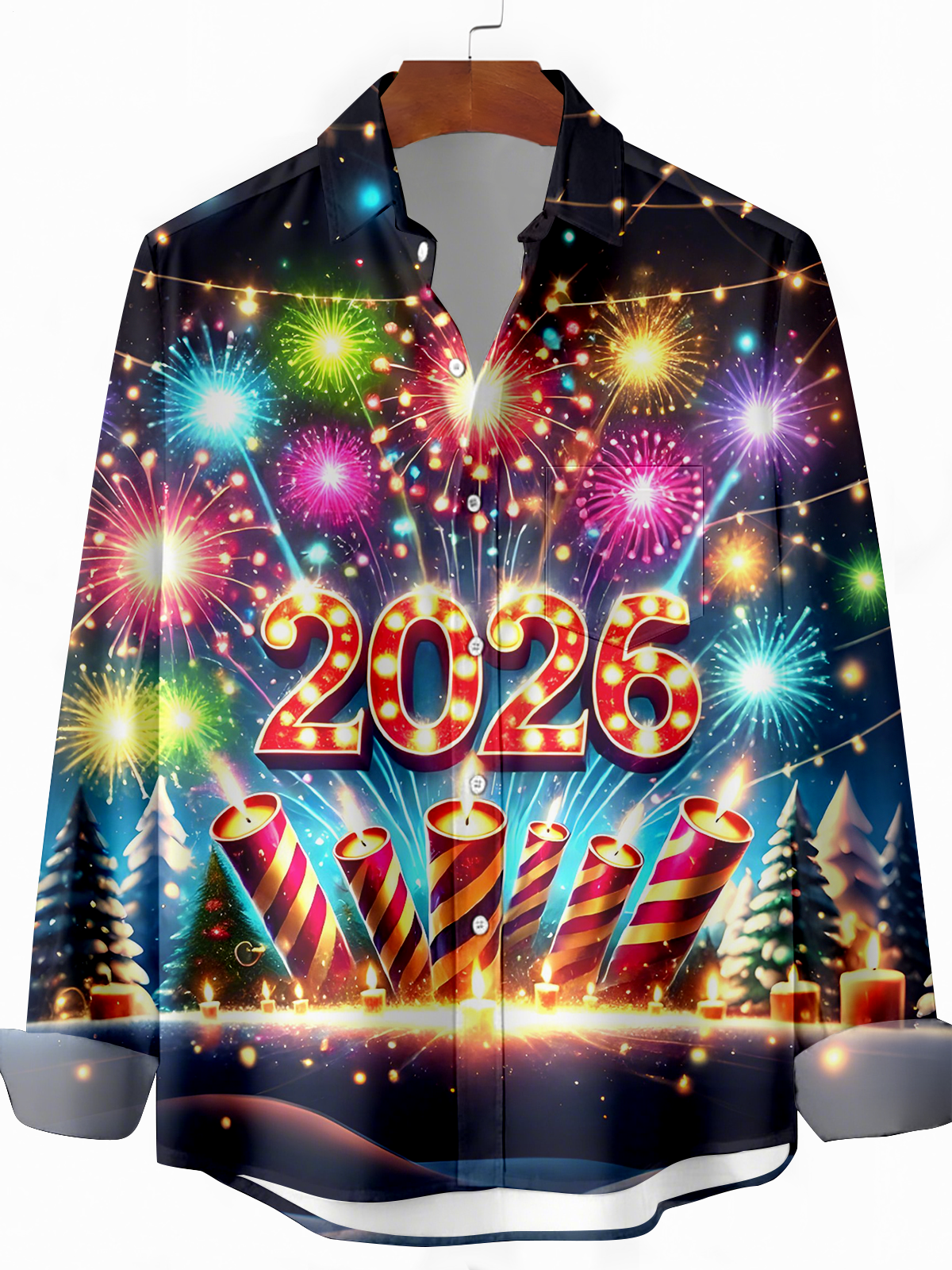 2026 New Year Firework Men's Pocket Long Sleeve Shirts