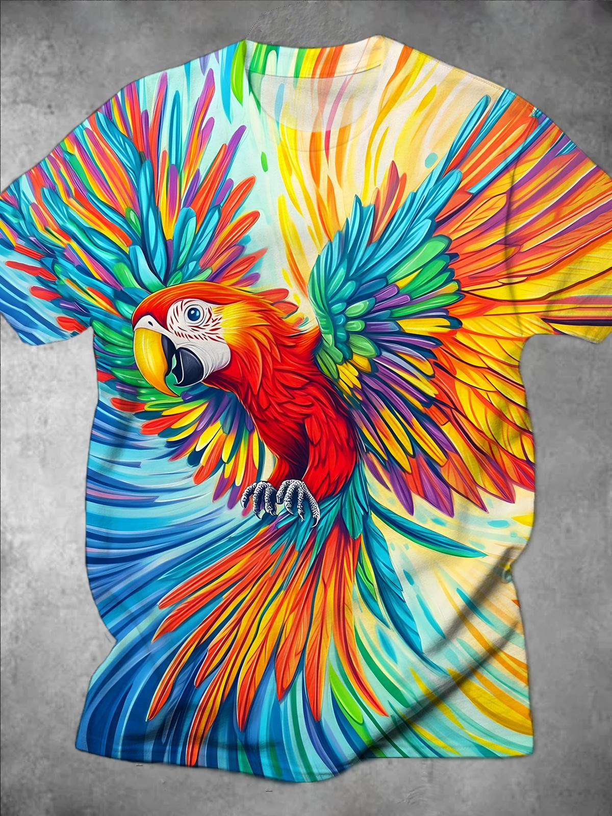 Parrot Print Round Neck Short Sleeve Men's T-shirt