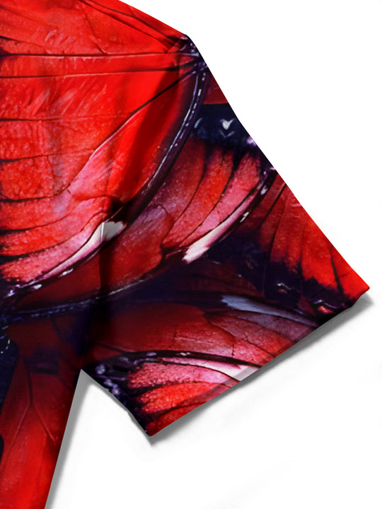 Men's butterfly print short sleeve shirt close-up detail view