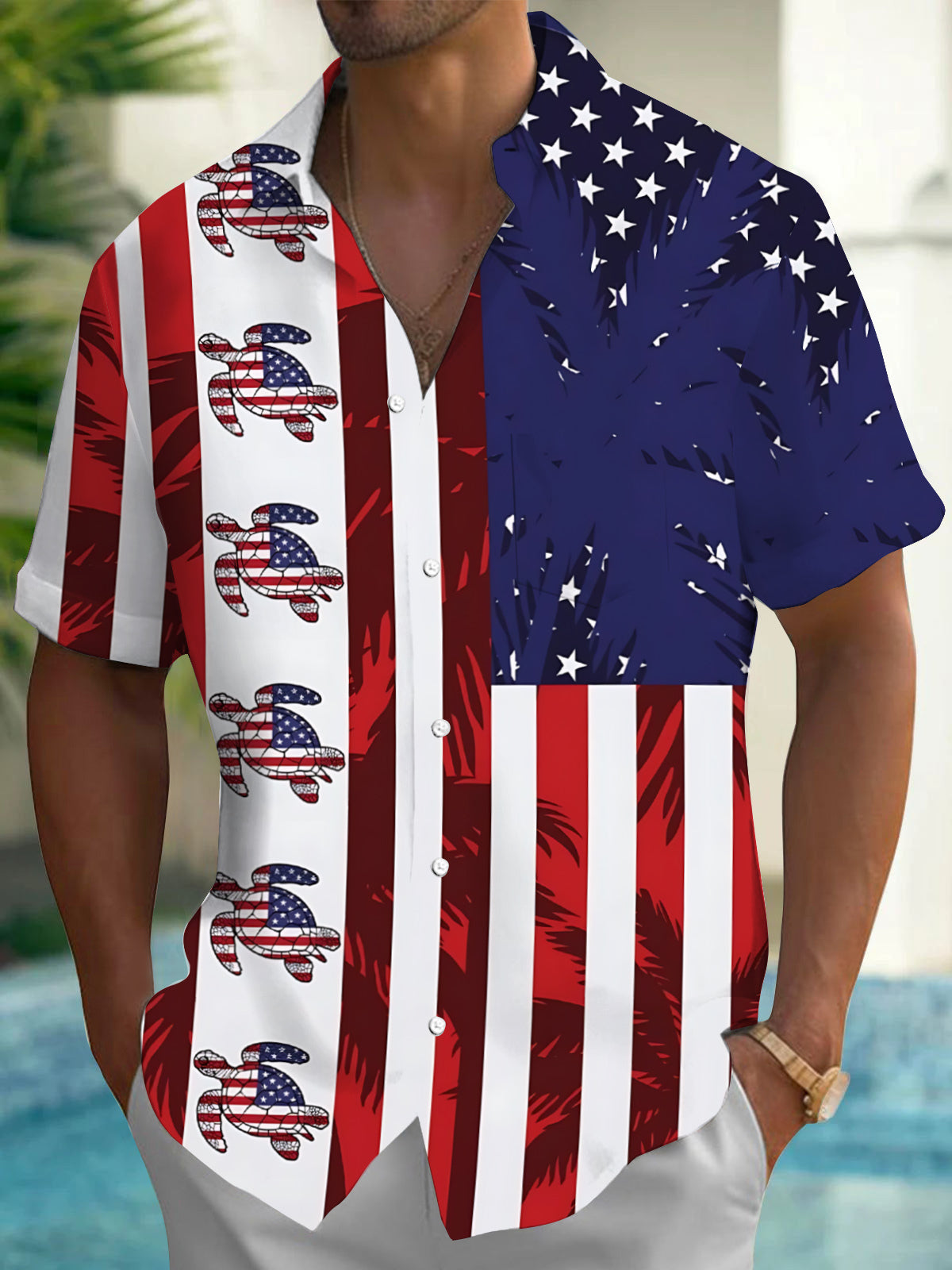 American Flag Turtle Print Men's Pocket Short Sleeve Shirts