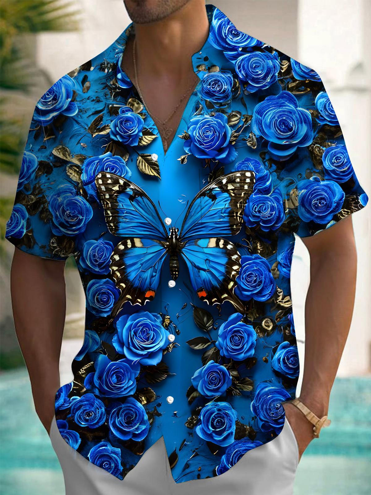 Butterfly Floral Print Men's Pocket Short Sleeve Shirts