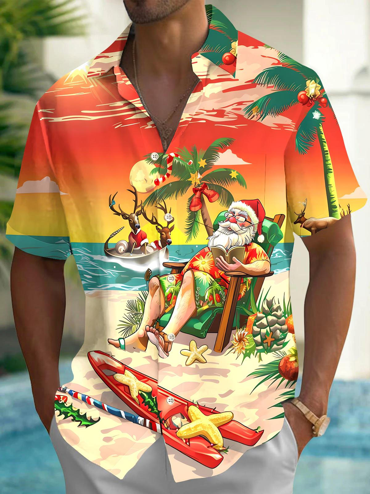 Hawaiian Santa Clau Men's Pocket Short Sleeve Shirts