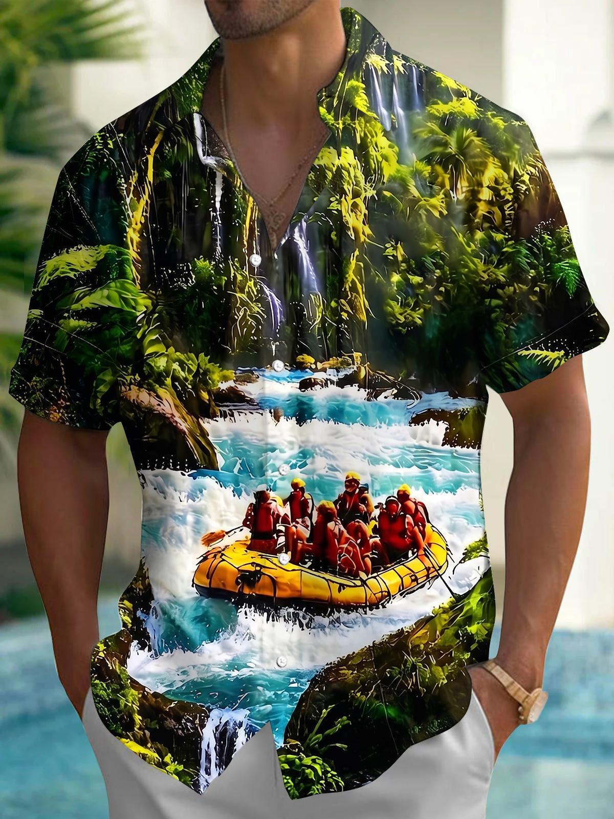 Outdoor Adventure Landscape Jungle Waterfall Canyon Rafting Men's Pocket Short Sleeve Shirts