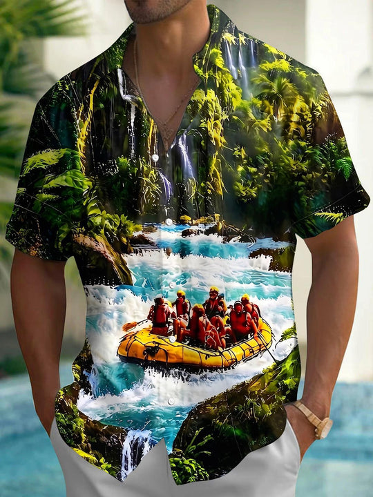 Outdoor Adventure Landscape Jungle Waterfall Canyon Rafting Men's Pocket Short Sleeve Shirts