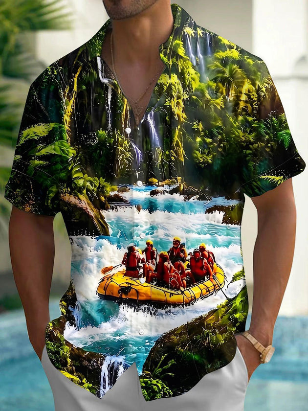 Outdoor Adventure Landscape Jungle Waterfall Canyon Rafting Men's Pocket Short Sleeve Shirts