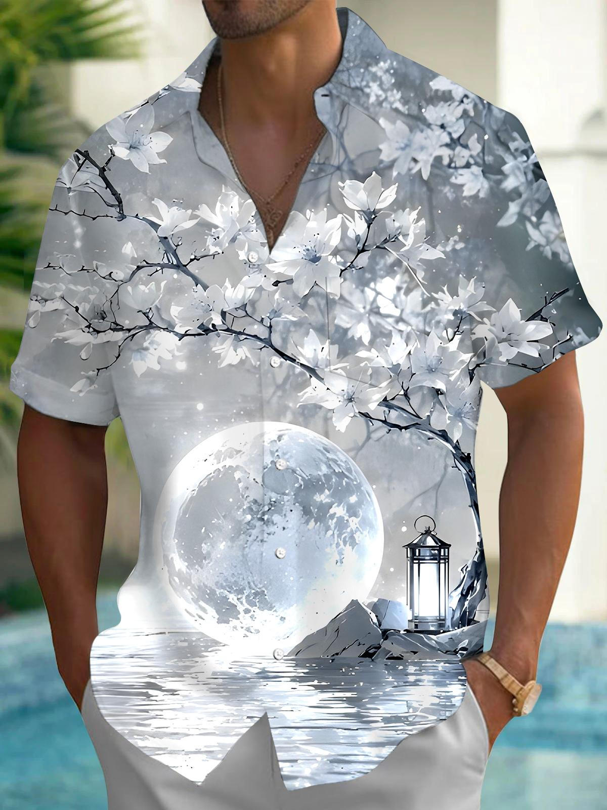 Floral Moon Men's Pocket Short Sleeve Shirts