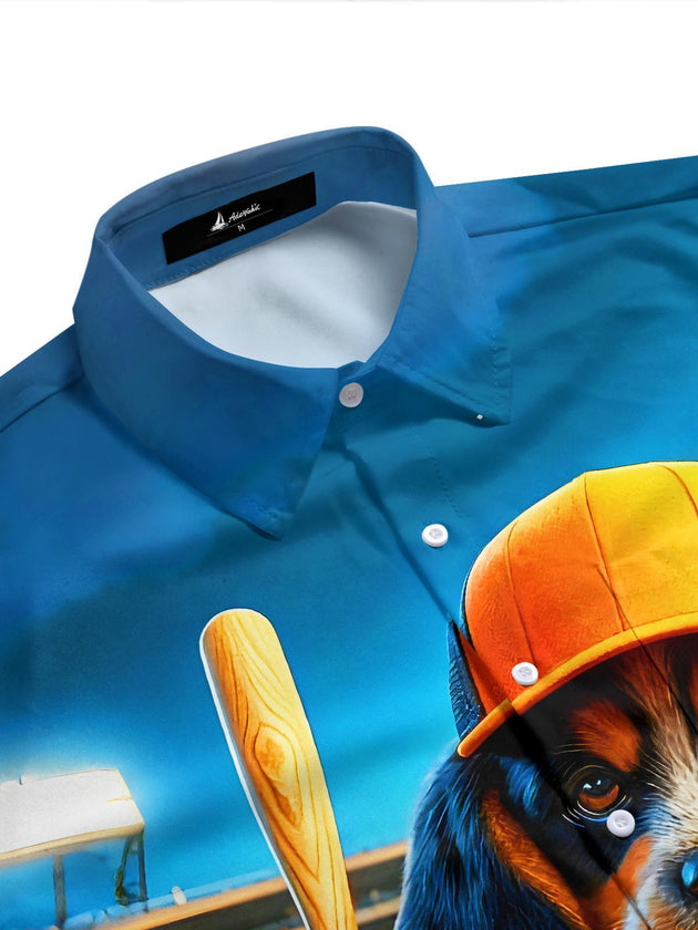 Fun Baseball Puppy Dog Men's Pocket Short Sleeve Shirts