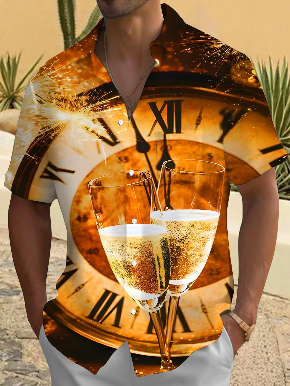 Festive Champagne Fireworks Countdown Clock Men's Pocket Short Sleeve Shirts