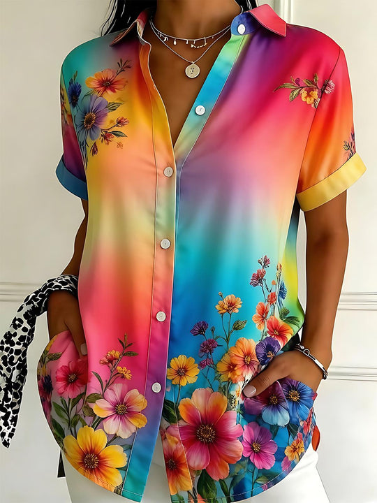 Gradient Colorful Floral Women's Short Sleeve Shirts