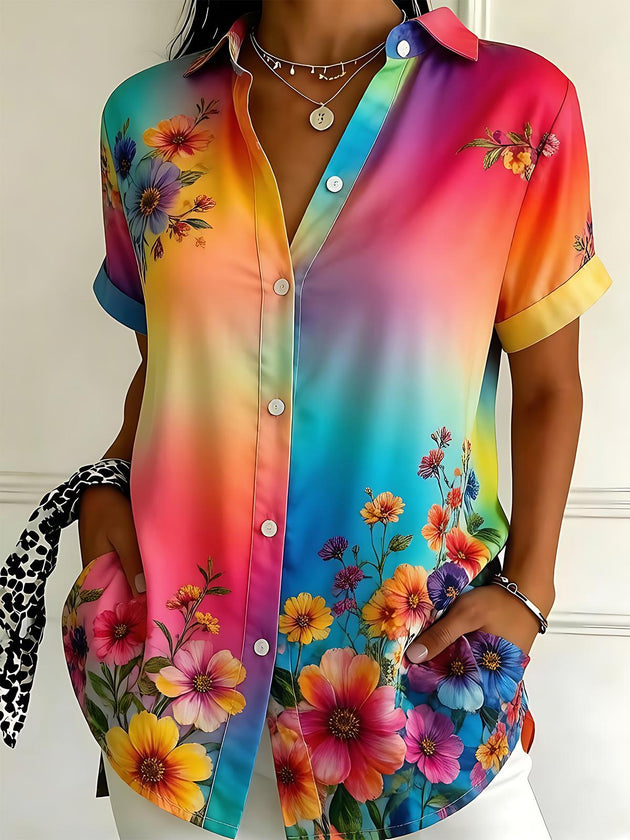 Gradient Colorful Floral Women's Short Sleeve Shirts