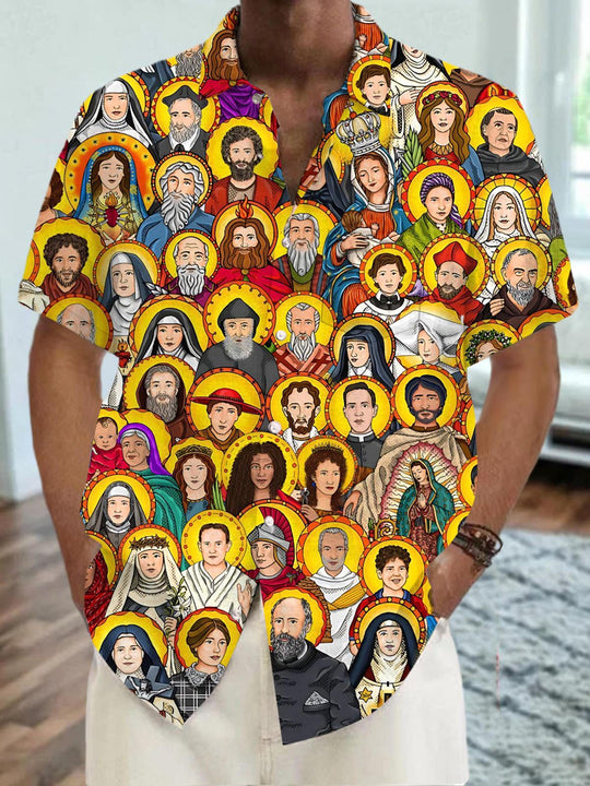 Men's Christian print pocket short sleeve shirt front view