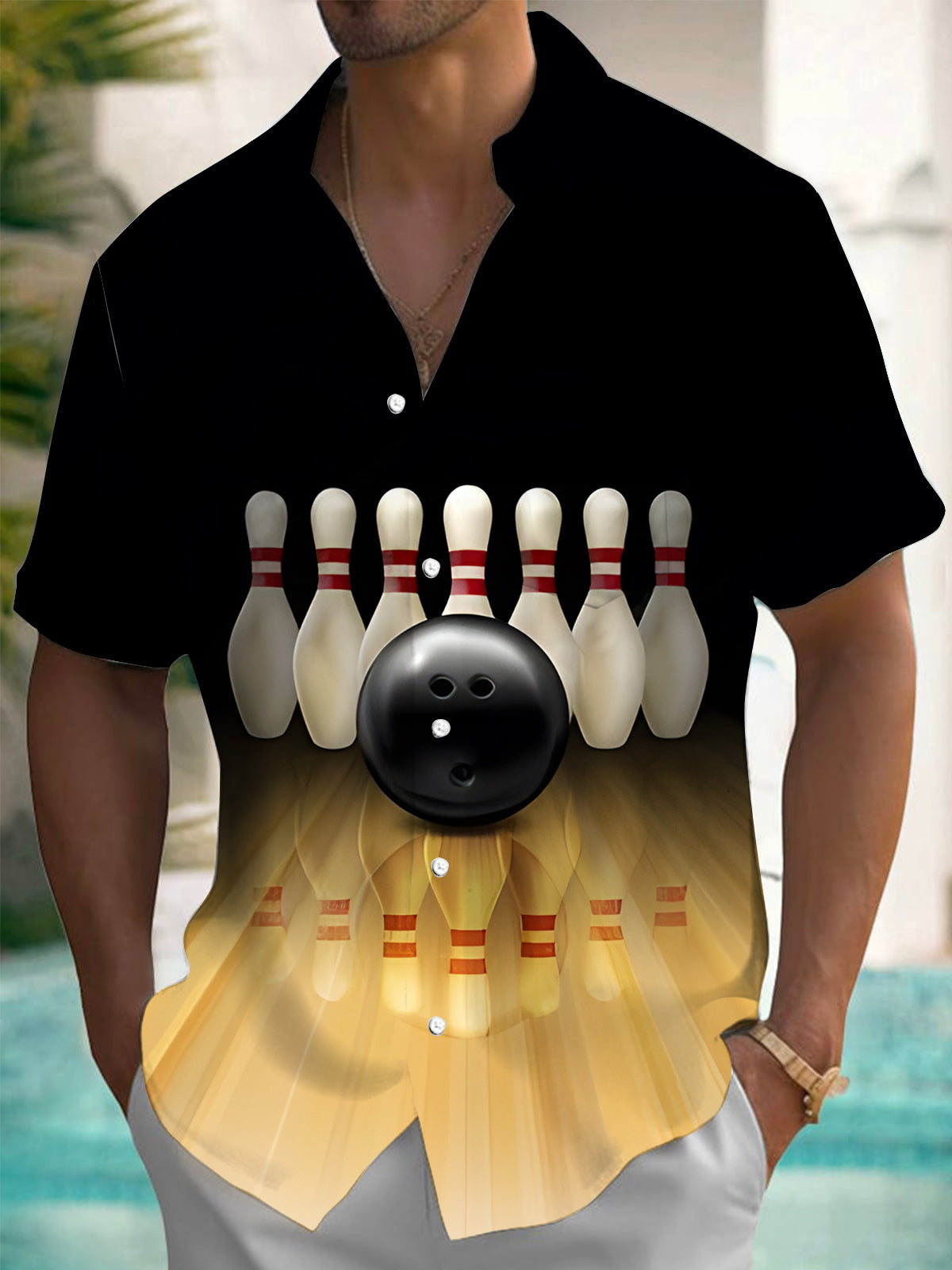 Bowling Print Men's Pocket Short Sleeve Shirts