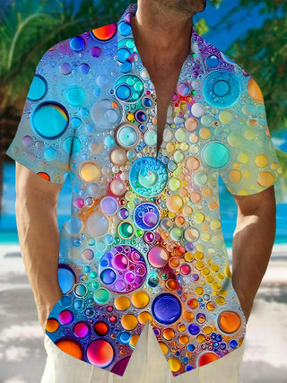 Men's colorful Hawaiian short sleeve shirt front view for tropical beach vacation