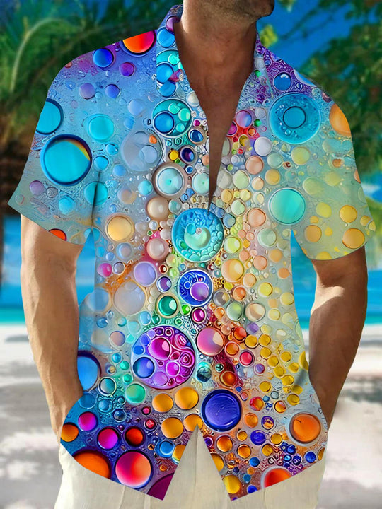 Men's colorful Hawaiian short sleeve shirt front view for tropical beach vacation