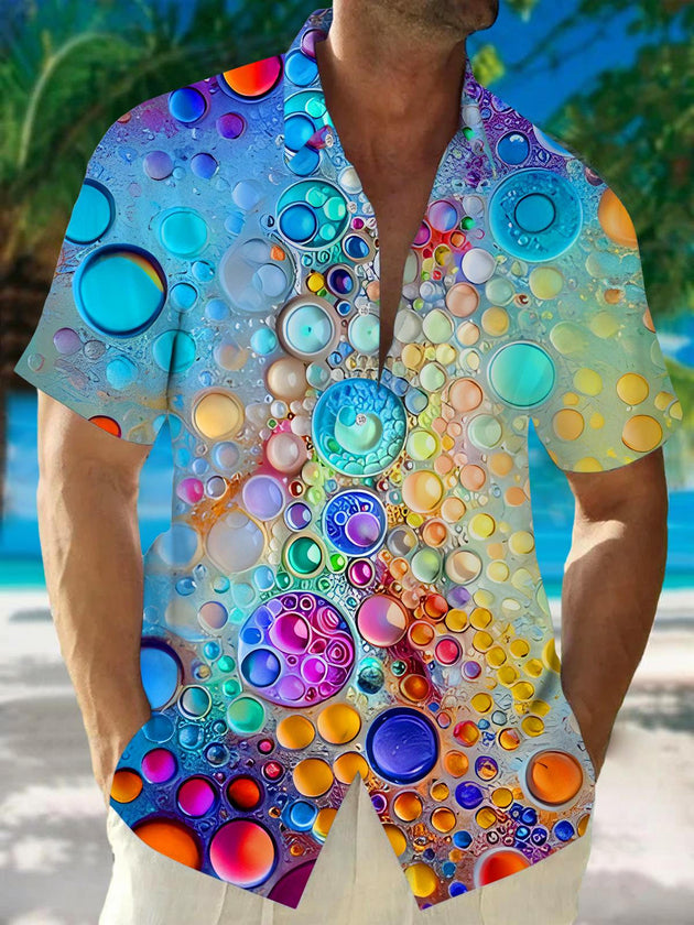 Men's colorful Hawaiian short sleeve shirt front view for tropical beach vacation