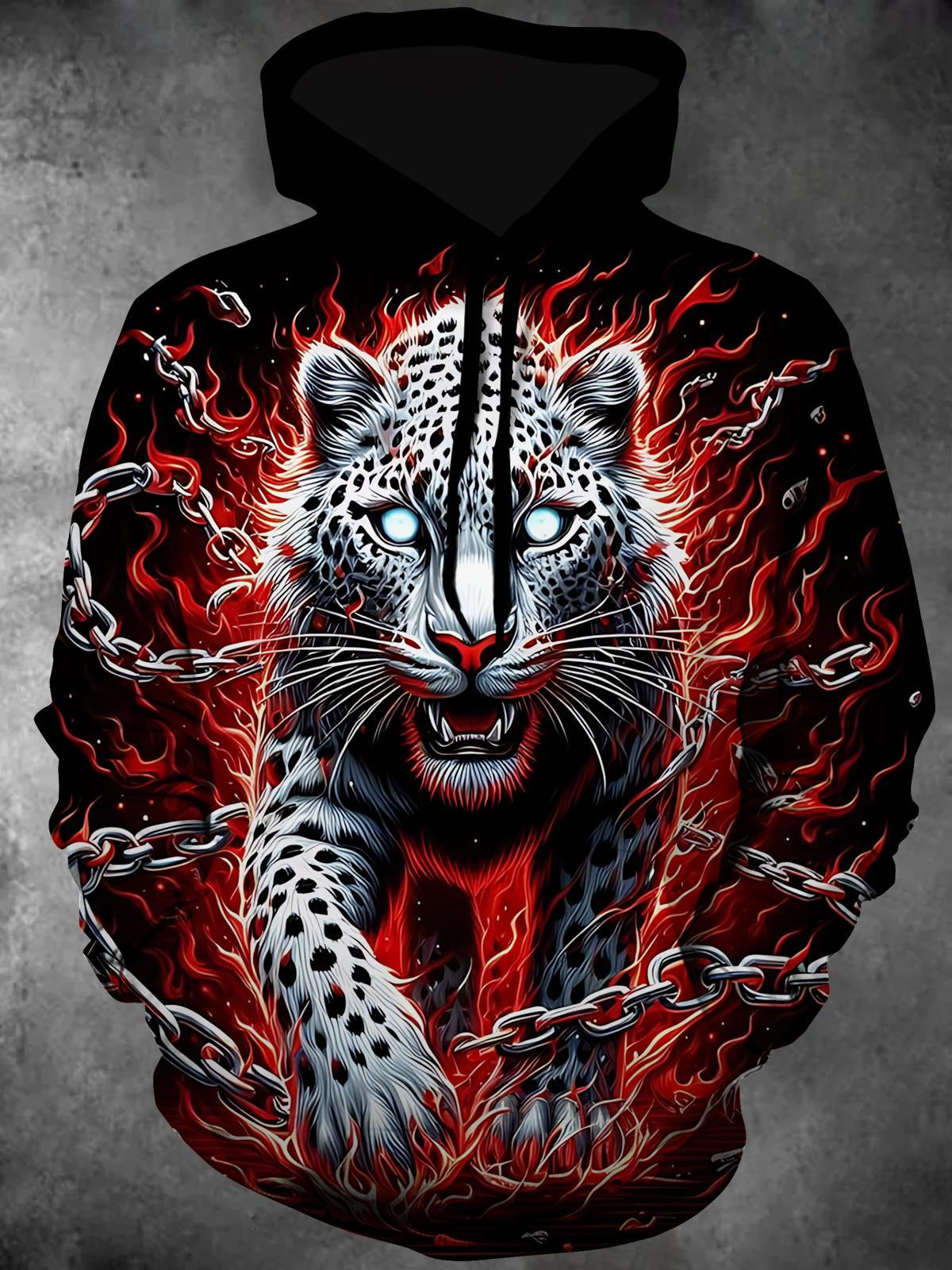 Flame Snow Leopard Chain Print Long Sleeve Hooded Pocket Men's Top