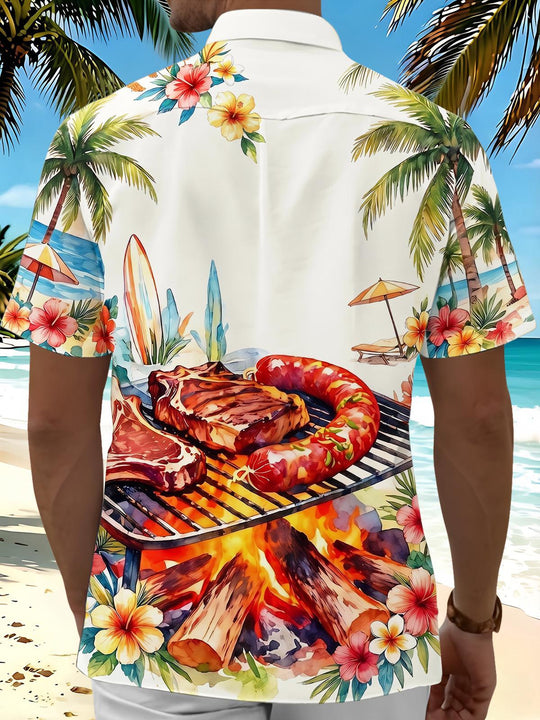 Beach BBQ Steak Hawaiian Men's Pocket Short Sleeve Shirts