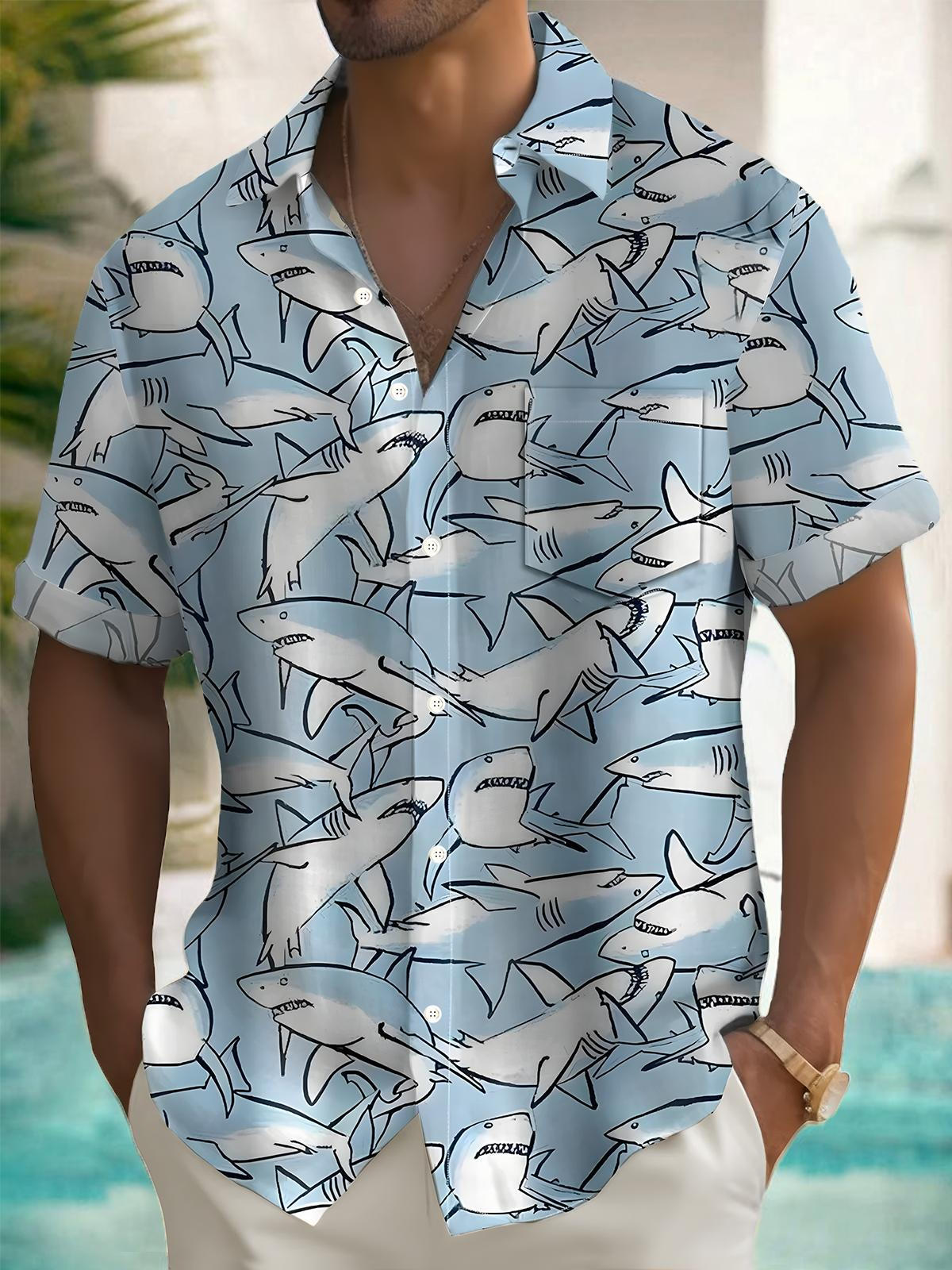 Shark Print Men's Pocket Short Sleeve Shirts